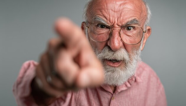 Furious Elderly Man Accusing And Blaming You For Incompetence, Pointing His Finger In Anger Towards You In Confrontation Situation.