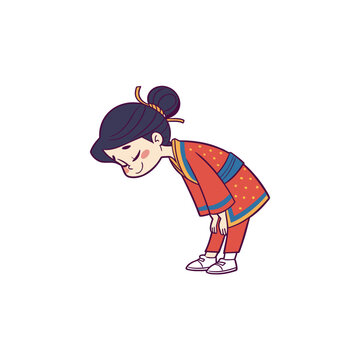 Cute cartoon girl in traditional japanese attire bowing respectfully silhouette