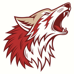 Fierce red wolf head howling with sharp teeth and mane silhouette
