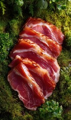 Close-up of thinly sliced meat with beautiful marbling resting on moss and lush green vegetation.