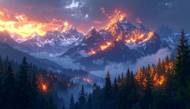 Majestic snowy mountain range glows at sunset above evergreen forest with fog amidst a colorful sky