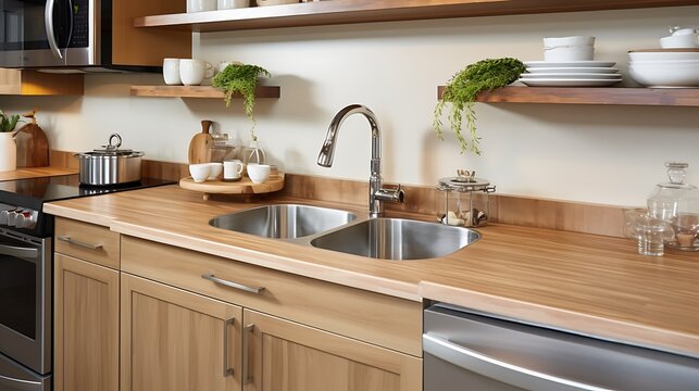 Stylish modern kitchen design showcasing sleek stainless steel appliances and beautiful butcher block countertops for a clean, contemporary look and feel