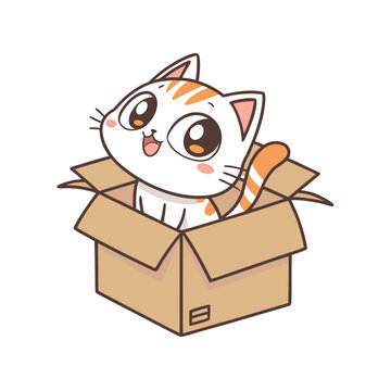 Cute orange striped kitten peeking out of a cardboard box silhouette