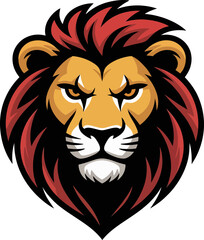 Fierce lion head with red mane and yellow eyes silhouette