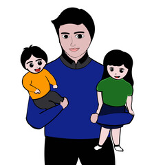 The handsome father hugged his children affectionately.