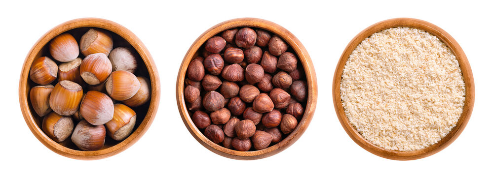 Hazelnuts, with and without shells, and ground, in wooden bowls. Dried hazelnuts, seeds of the hazel tree Corylus avellana in the left bowl, shelled nuts in the center, and ground in the right bowl. - Powered by Adobe