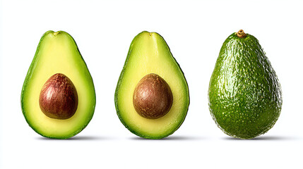 Fresh avocado halves and a whole avocado fruit arranged in a row
