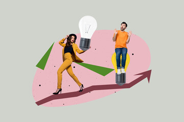 Fototapeta premium Exclusive artwork collage of happy businessman businesswoman stand arrow light bulb idea developing blackout progress goal