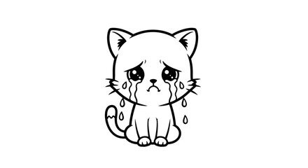 Cartoon illustration featuring a crying kitten with large teardrops of a monochrome character
