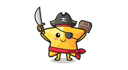 Obraz premium Cartoon yellow star character with pirate costume holding sword and treasure chest illustration