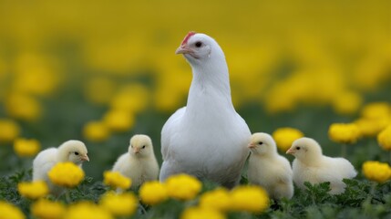 White Hen Standing Proudly Among Yellow Chicks in a Vibrant Field of Bright Marigolds and Green Foliage