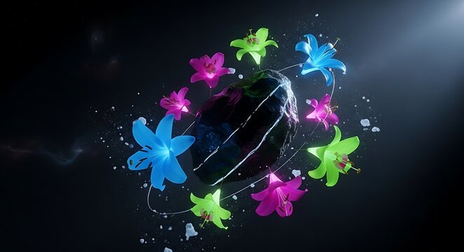 Luminous floral asteroid captivating composition with vibrant botanical elements in cosmic dark space surreal and