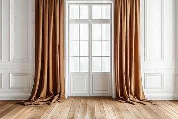 A 3D white room mockup with a brown curtain- white door- and wooden floor provides a clean and versatile background for stock photography