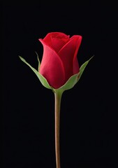 Close-up of a velvety, red rose with leaves set against a solid, dark background, simple and striking.
