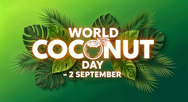 World Coconut Day Delight: A Tropical Green Celebration with Palm Leaves, Playful Coconut Icon, and Bold Typography for September 2nd Festivities