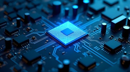 Digital circuit innovation with glowing microchip core technology, futuristic electronic processor design, advanced semiconductor system, high-tech hardware background