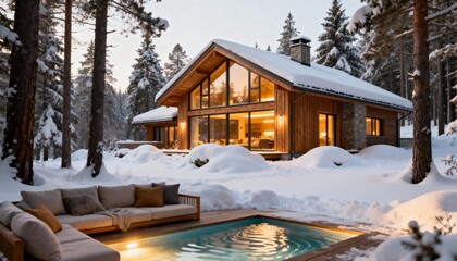 A luxurious wooden chalet with panoramic windows, nestled in a snow-covered forest, boasts a backlit pool on the terrace, cozy lighting, and a serene winter atmosphere.