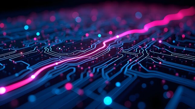 Digital neon circuit flow with glowing pink data stream on futuristic motherboard technology background for high-tech innovation, ai networks and modern electronics concept