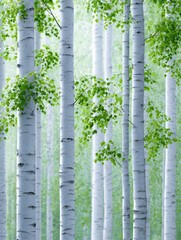 A serene forest scene showcasing the tall, slender white trunks of birch trees adorned with green leaves.