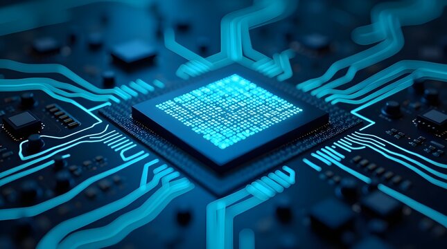 Cyberchip glowing microprocessor with futuristic circuit board connections in blue light technology background for digital computing, ai hardware and innovation - Powered by Adobe