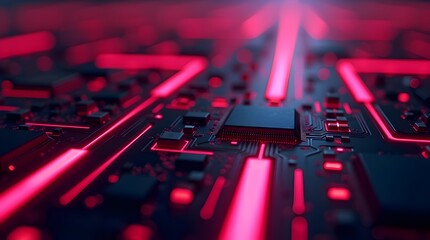 Futuristic circuit board with glowing red neon pathways highlighting advanced microchip technology, high performance semiconductor engineering and modern digital computing design