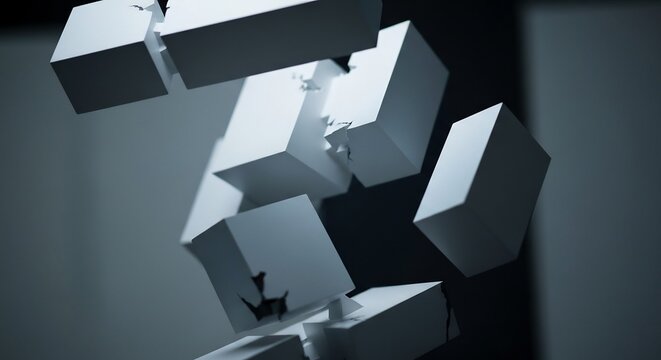 Multiple light gray cuboid blocks shatter and fall in an abstract dark gray and black void