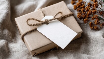 Plain Brown Wrapped Wedding Present With A Blank White Gift Tag Tied With Twine - Classic And Simple Packaging Idea.