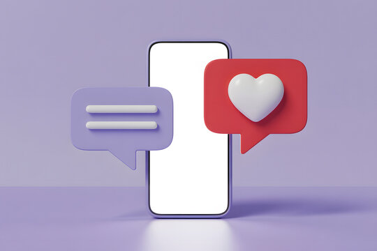 Smartphone with Social Media Icons: Chat and Like Notifications