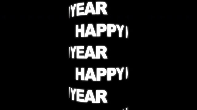 Happy New Year text with cylindrical animation on black background. 4K video, suitable for virtual events and engaging social media content. new year celebration