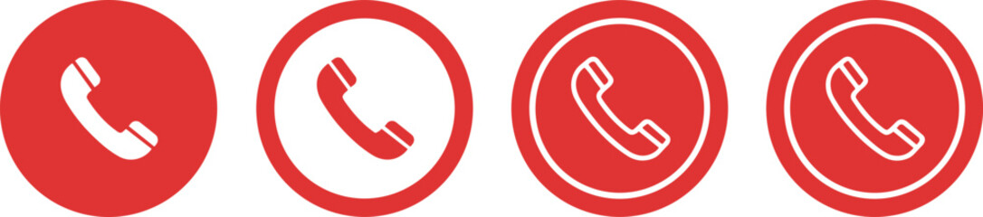 Set of red circular telephone receiver icons in solid and outline styles, representing communication, call, support, contact, and emergency symbols.
