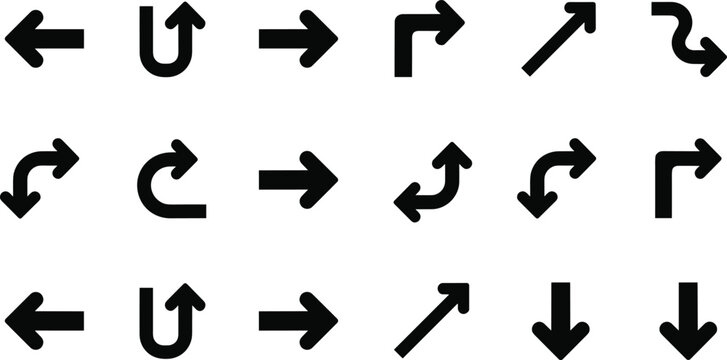 Set of vector black solid arrows showing left, right, U-turn, curved, bent, and angular direction and navigation symbols.