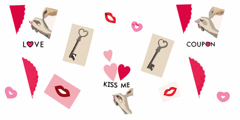 Valentine s day themed collage with hearts keys lips love and coupon elements