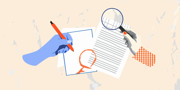 Hands examining documents with magnifying glass and making notes