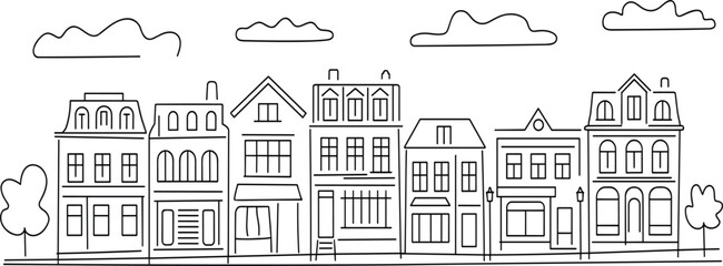 Continuous line-art vector illustration of a charming European cityscape street with traditional facades, shops, houses, and cartoon trees © MdMajnur