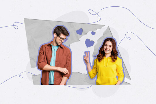 Creative full artwork collage of two happy girl guy sit together love feelings family bonding boyfriend girlfriend couple date