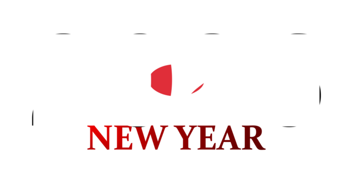 Minimalist New Year greeting with red text and an abstract graphic on a white background.