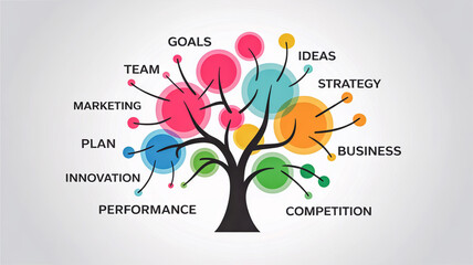 Colorful abstract tree diagram illustrating business concepts like goals, team, marketing, plan, innovation, performance, competition, ideas, strategy, and business