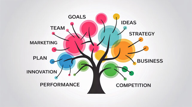 Colorful abstract tree diagram illustrating business concepts like goals, team, marketing, plan, innovation, performance, competition, ideas, strategy, and business - Powered by Adobe