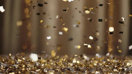 Golden confetti falling and accumulating on a reflective surface, creating a festive and celebratory atmosphere.
