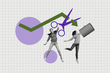 Trendy poster zine photo collage of happy businessman businesswoman stand arrow decline dollar inflation coin collapse cut scissors