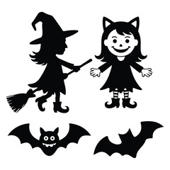 Halloween Witch and Cute Girl Silhouette Collection with Flying Bats Spooky Costume Icons for Holiday Designs