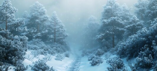 A serene winter landscape featuring a snow-covered path meandering through tall, frosted pine trees, enveloped in a soft, misty atmosphere that evokes a sense of tranquility.