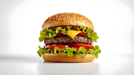 Delicious cheeseburger with fresh lettuce and tomatoes on a sesame seed bun close up
