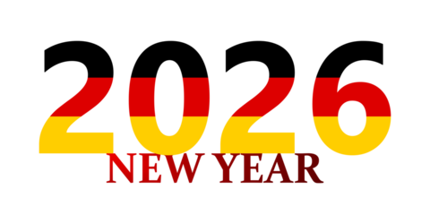 Happy New Year 2026 text with the numbers filled with the German flag pattern on a white background.