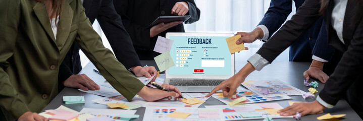 Analyst team use sticky note for creative and analytic brainstorm for business idea with BI data dashboard on laptop screen. Analysis financial data visualization tech for marketing strategy. Prodigy