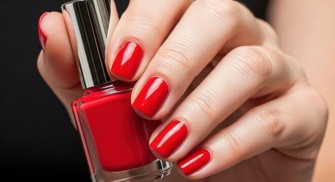 Closeup of a hand holding a bottle of red nail polish with red nails