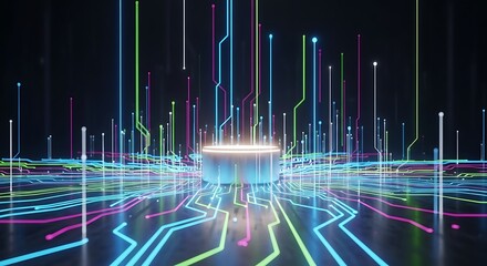 Abstract glowing lines and central light source futuristic technology and data visualization concept