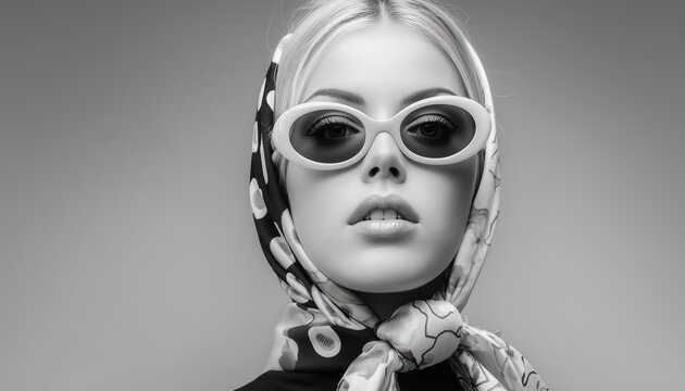 Stylish Young Woman With Retro Sunglasses And Silk Scarf In 1960s Fashion. Vintage Black And White Portrait.