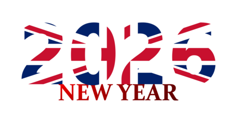 The year 2026 stylized with the United Kingdom flag pattern for a New Year celebration on a white background.