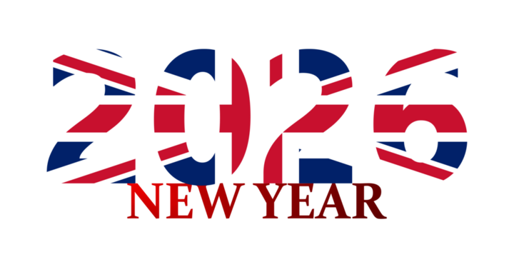 The year 2026 stylized with the United Kingdom flag pattern for a New Year celebration on a white background.